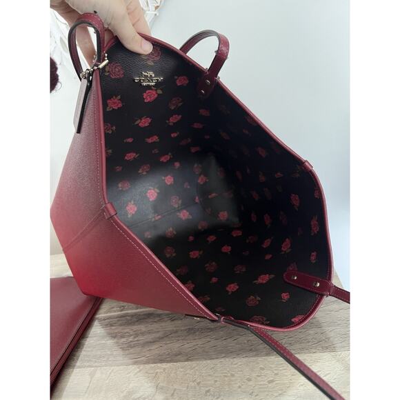 Coach Burgundy City Tote F46286 Tossed Peony Floral Reversible Tote Bag W Pouch - Picture 15 of 16